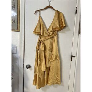 Lost‎ Ink Ruffled  Silky Evening Tea Dress Sz US M Gold Yellow Long V Neck Lined